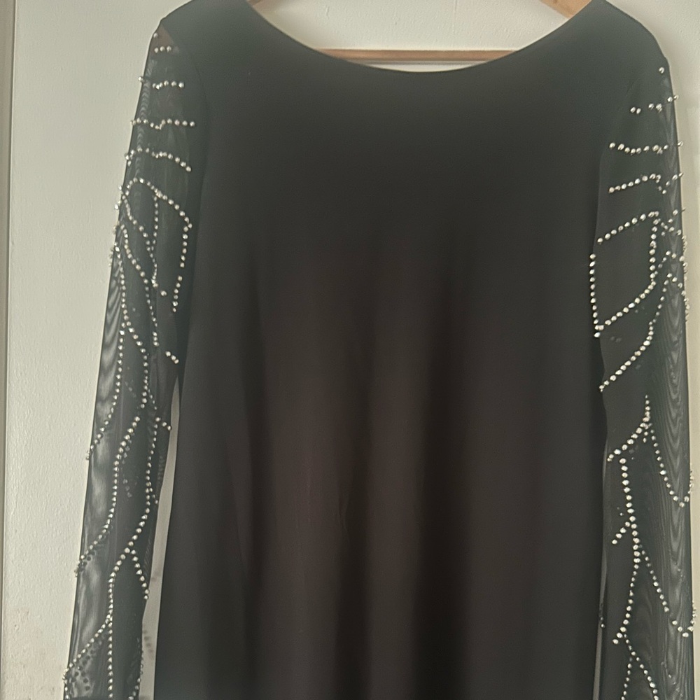 Marina like new Black Long-Sleeve Evening Dress with Sheer Beaded Sleeves size 8